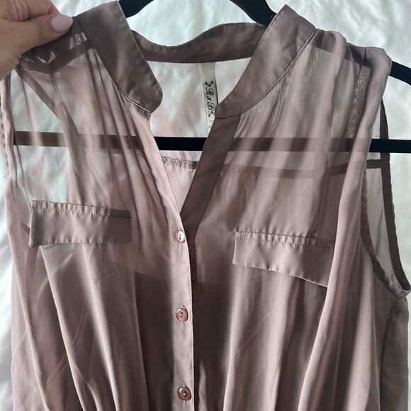 ✨R N B Women’s Dress M Purple Sheer Chiffon Sleeveless Button Front Belted - Picture 7 of 8